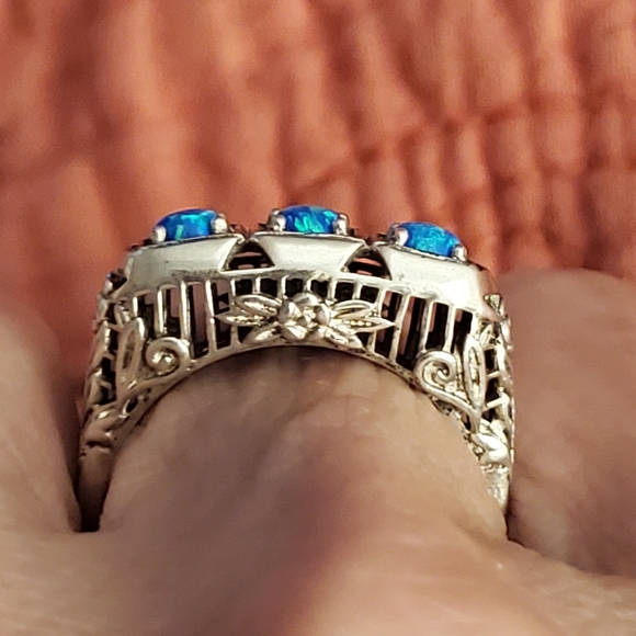Art deco style trio blue opal sterling silver ring - Picture 2 of 6